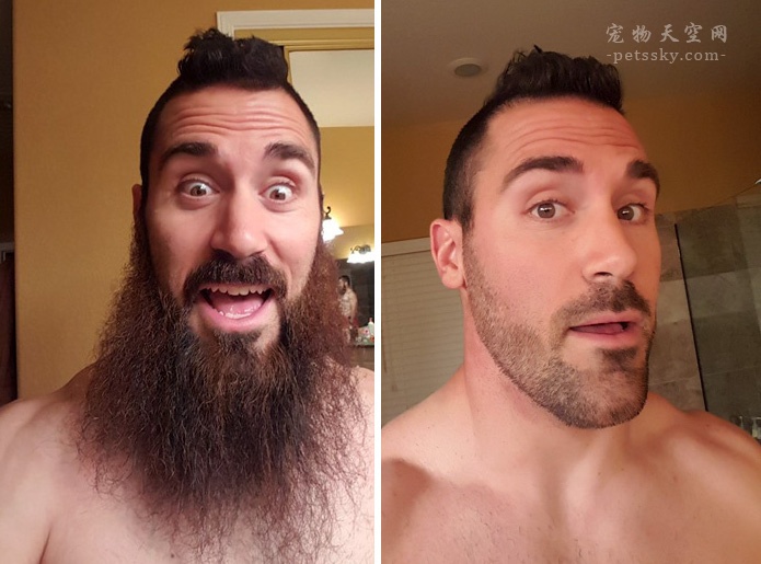 男人刮胡子前后的对比照片，大叔变成帅气的小伙