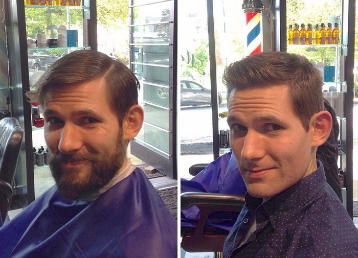 男人刮胡子前后的对比照片，大叔变成帅气的小伙