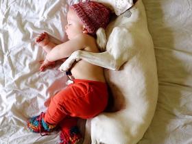 可爱的宝宝与狗狗一起睡觉，照片背后有一个暖心的故事