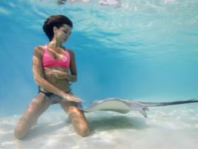 美女模特在水下与黄貂鱼玩耍 场景就像童话世界里一样